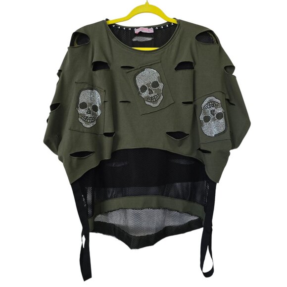 RéDesign Tops - Ré Design Army Green & Black Grunge Goth Mesh Shirt w/ Rhinestone Skulls Size M